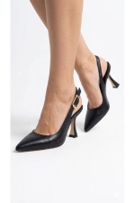 Women Black Matte Pointed Toe Ankle Strap Heels Photograph-2